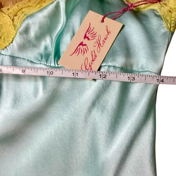 Gold Hawk 100% Silk Lace Trim Tiffany Blue Slip Dress Sz Med Embroidered Flowers - Picture 4 of 7